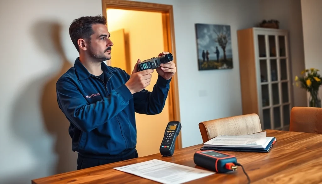 Water leak detection professional using advanced thermal imaging technology in a home setting.