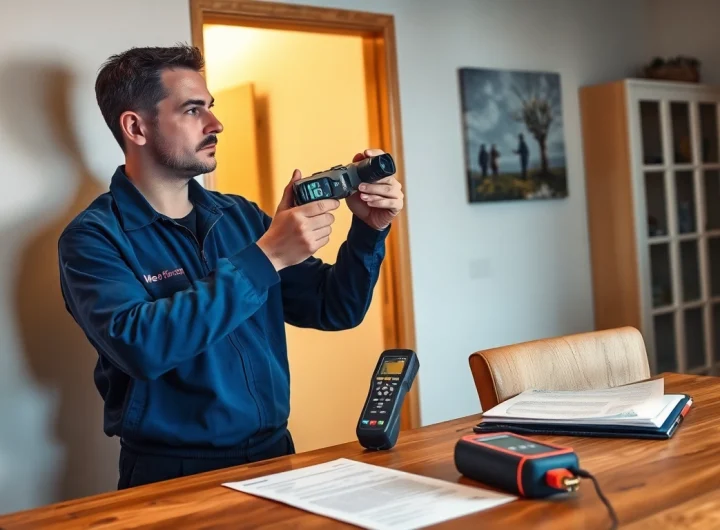 Water leak detection professional using advanced thermal imaging technology in a home setting.