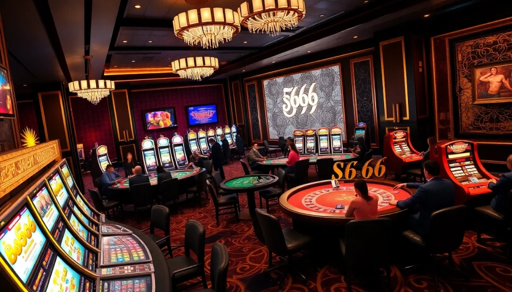 S666 casino showcases excited players at luxurious gaming tables, glimmering slot machines, and vibrant decor.