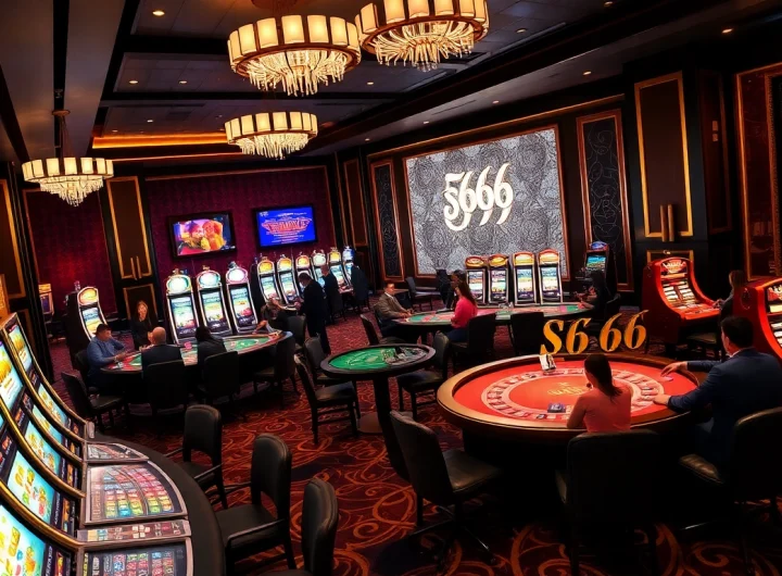 S666 casino showcases excited players at luxurious gaming tables, glimmering slot machines, and vibrant decor.