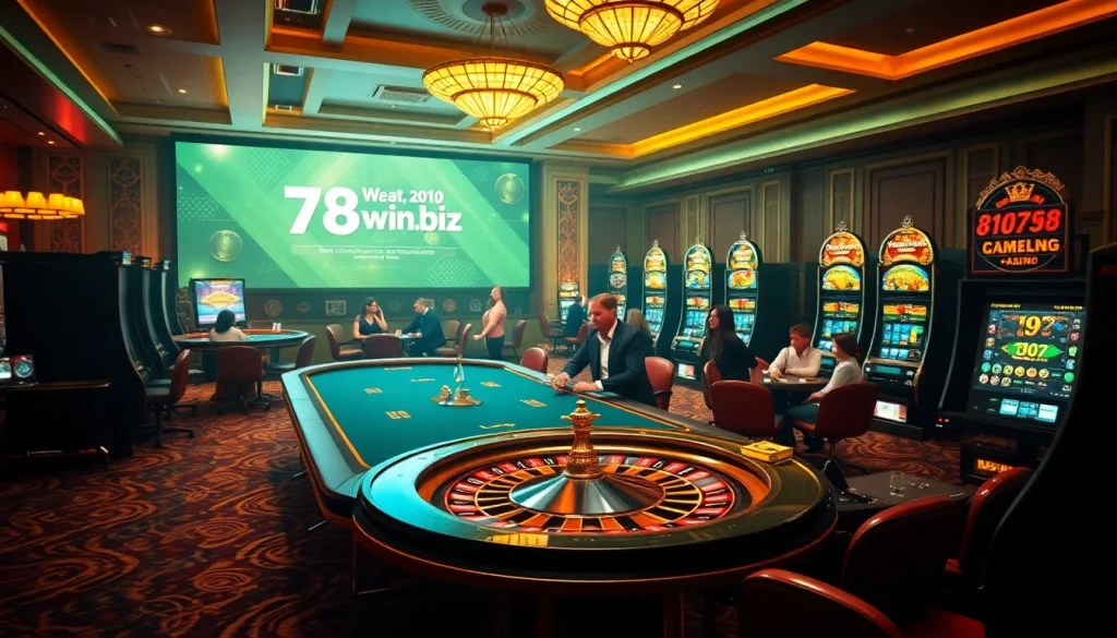 A lively casino scene showcasing players engaged at 78winbiz.com tables, celebrating wins amidst vibrant gaming excitement.
