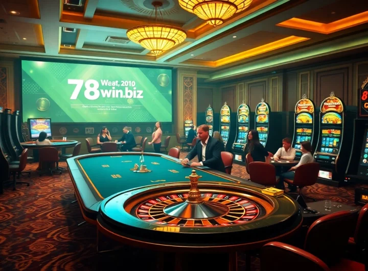 A lively casino scene showcasing players engaged at 78winbiz.com tables, celebrating wins amidst vibrant gaming excitement.