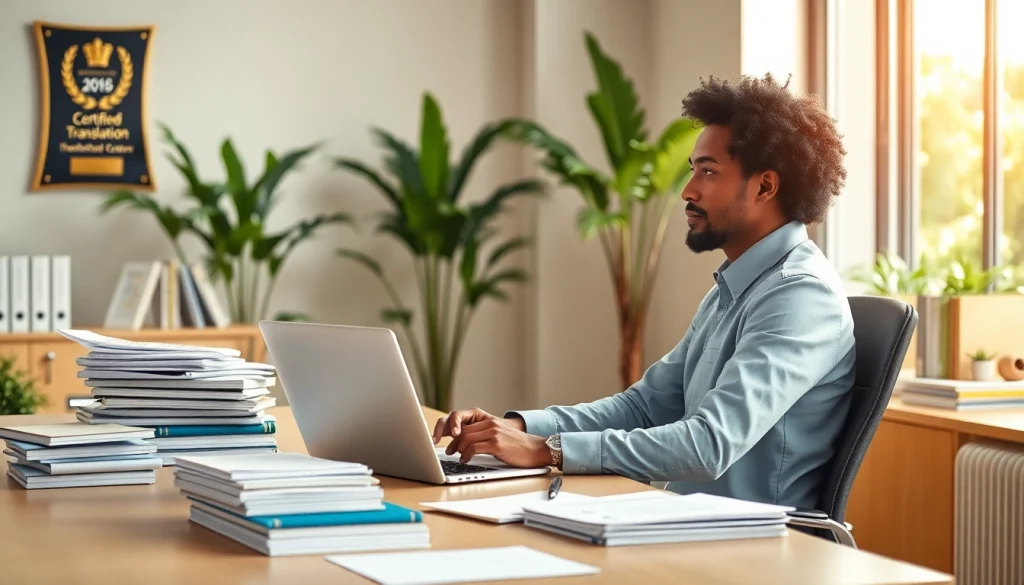 Certified translation services in a professional office setting with a translator at work.