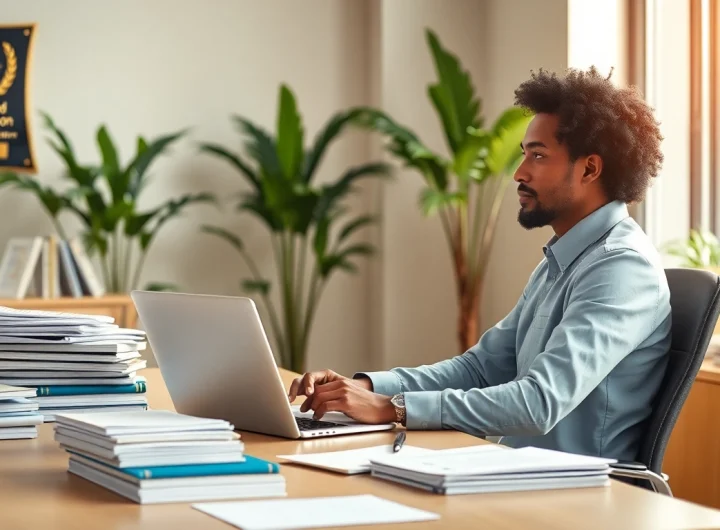 Certified translation services in a professional office setting with a translator at work.