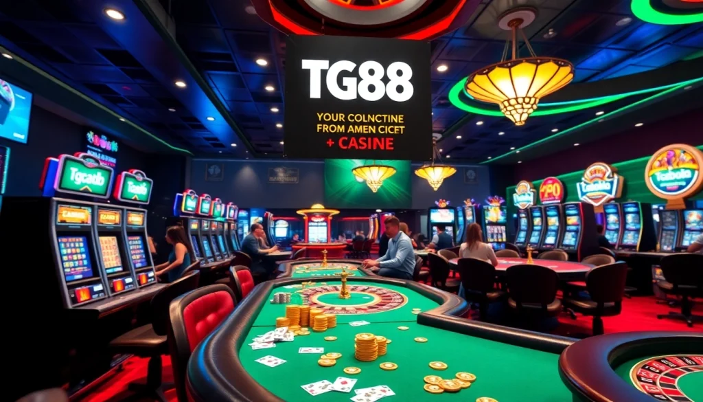 Engaging casino scene with TG88 promotion and vibrant gaming atmosphere.