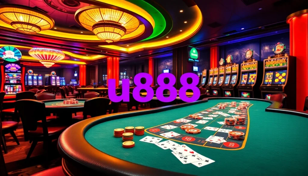 Experience the excitement of u888 with thrilling casino games featuring vibrant poker tables and roulette wheels.