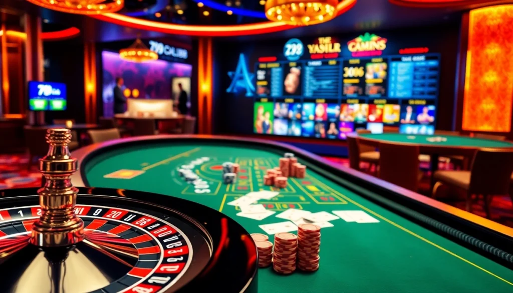 Experience the excitement of 789club with vibrant poker chips and a roulette wheel at a luxurious casino.