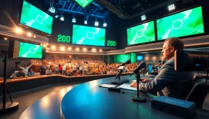 Engaging sports broadcasting scene with anchor presenting live events, vibrant digital screens.