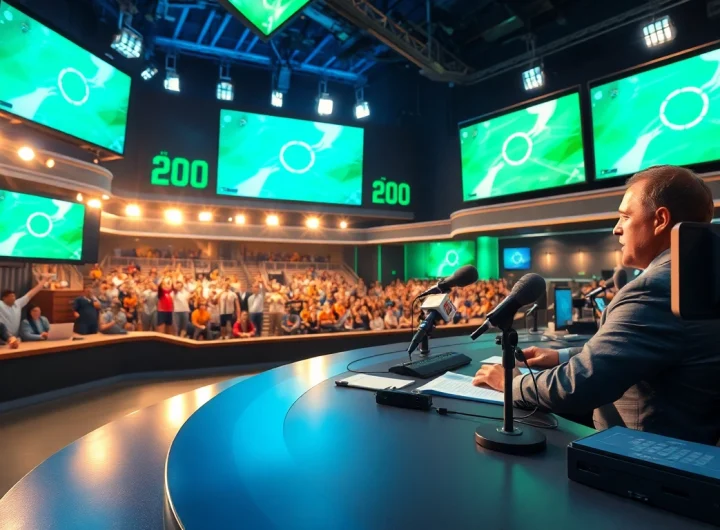 Engaging sports broadcasting scene with anchor presenting live events, vibrant digital screens.