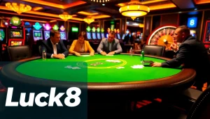 Exciting casino environment showcasing Luck8 with poker table, chips, and games.
