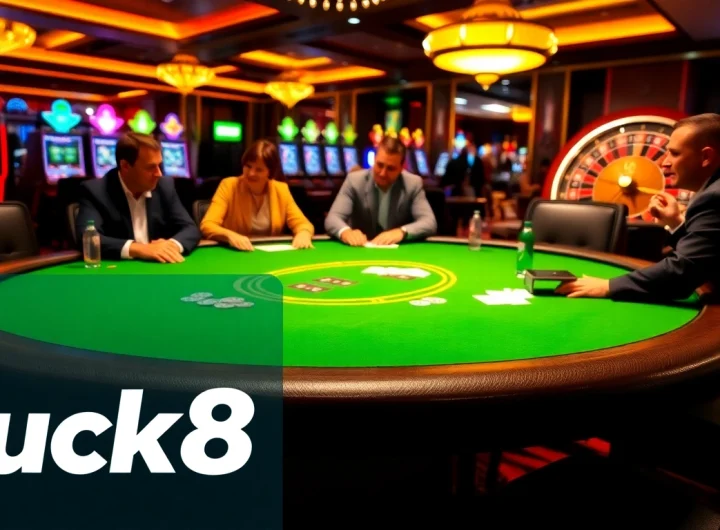 Exciting casino environment showcasing Luck8 with poker table, chips, and games.