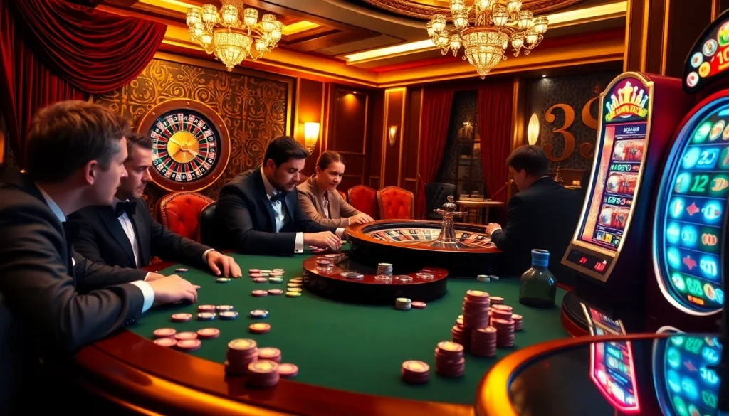 Engaging scene of gambling excitement at https://fly88r.net, featuring poker, roulette, and slots.