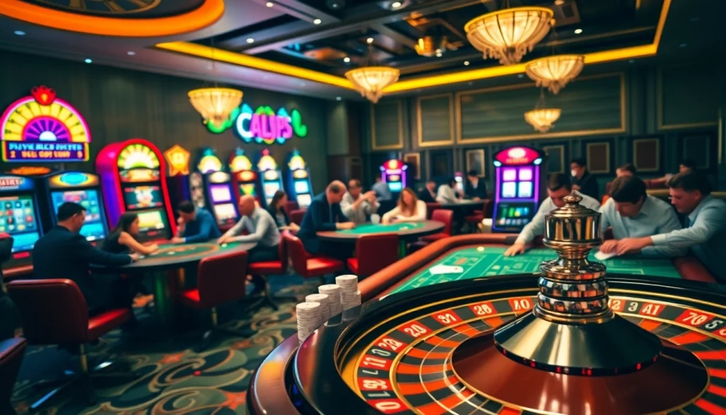 Players engaging in intense gambling at FLY88.DEAL's luxurious casino tables, highlighting the excitement of poker and roulette.