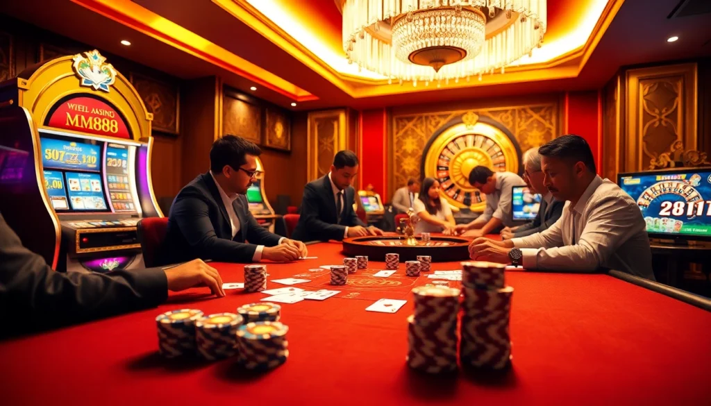 Engaging gamblers playing cards at the MM88 casino table with vibrant slot machines.