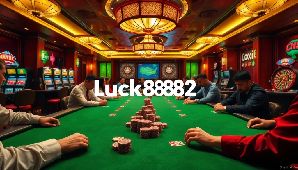 Engage with high-stakes poker action featuring Luck8882 at an opulent casino table.