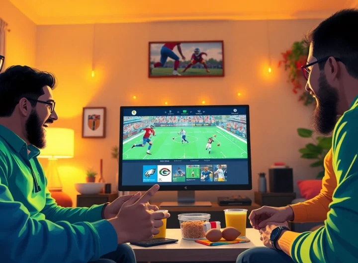 Vibrant sports streaming interface reflecting joemadfan.com excitement in a cozy living room.