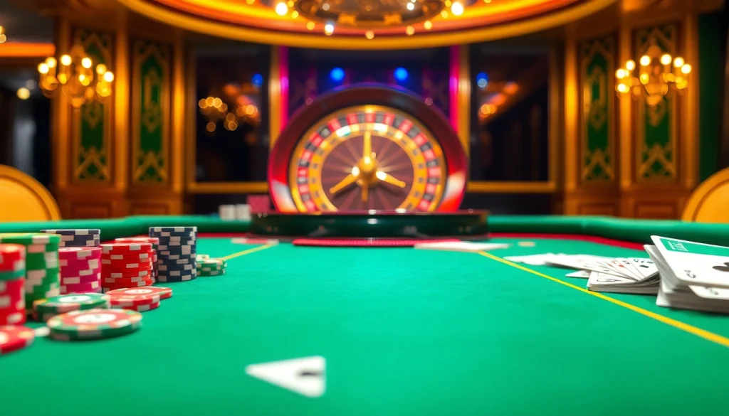 Exciting scene at the sumvip club casino with poker chips, cards, and roulette wheel.