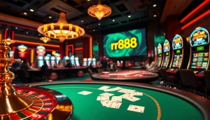 Gamblers enjoying the excitement of rr888 with vibrant casino elements like roulette and poker.