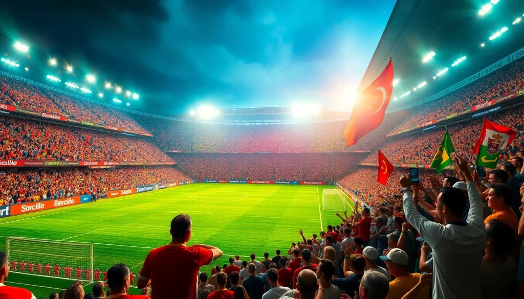 Exciting soccer match scene showcasing vaoluoi tv with vibrant fans and dramatic lighting.