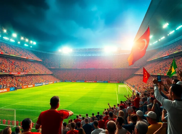 Exciting soccer match scene showcasing vaoluoi tv with vibrant fans and dramatic lighting.