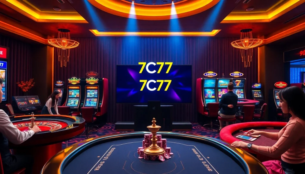 Players enjoying a dynamic gaming experience at 7C77 casino, featuring vibrant slot machines and tables.