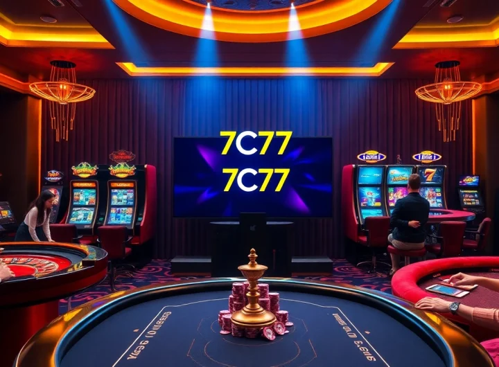 Players enjoying a dynamic gaming experience at 7C77 casino, featuring vibrant slot machines and tables.