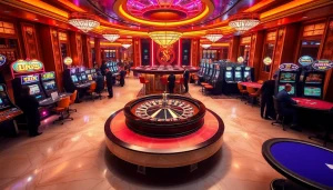 Experience the thrill of gambling at https://lc88x.com/ with luxurious casino tables, colorful chips, and vibrant slot machines.