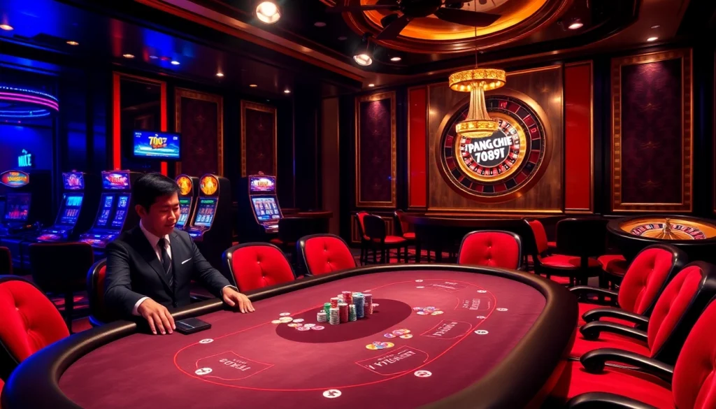 Join the excitement of Trang chủ 789F with a high-stakes poker game featuring vibrant chips and an elegant casino ambiance.