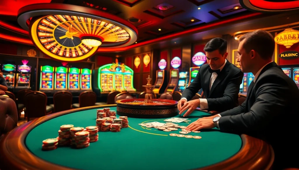 Fabet players betting at a luxurious poker table in an exciting casino environment.