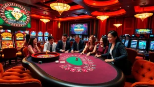 Players enjoying vibrant tabletop games at nhà cái gg88 casino, reflecting excitement and luxury in gambling.