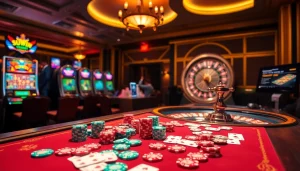 Sunwin casino scene featuring poker chips, card games, and a spinning roulette wheel.