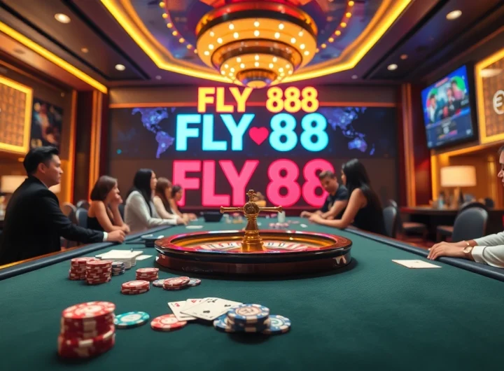 Fly 88 players strategizing during a high-stakes poker game at a luxurious casino table.