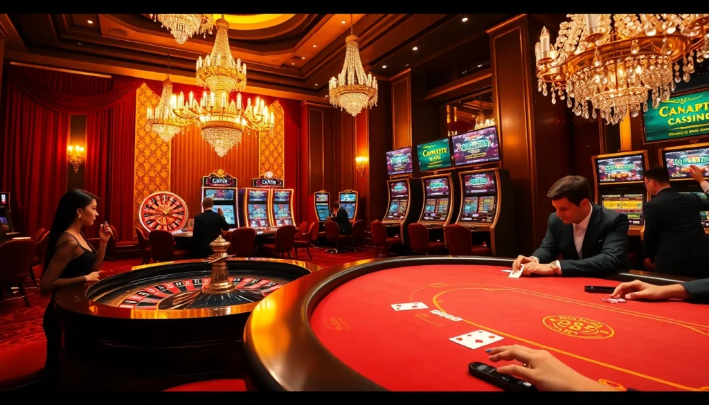 Exciting casino scene showcasing vibrant roulette wheel and poker games at 123win com 79.