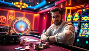 Experience thrilling gameplay at OK365 with a vibrant poker table and roulette wheel.