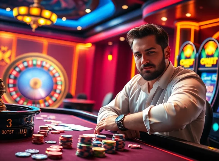 Experience thrilling gameplay at OK365 with a vibrant poker table and roulette wheel.