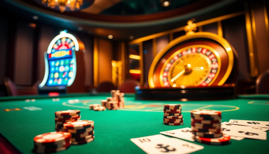 Experience an exciting gambling scene with Fb88 poker chips and cards on a luxurious casino table.
