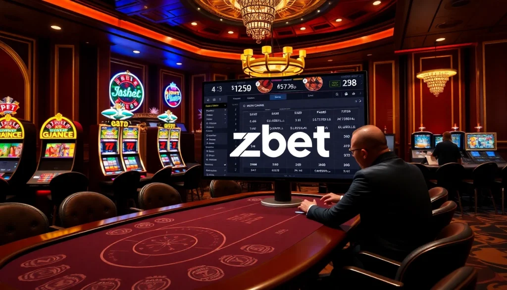 Exciting gambling action at a luxurious casino with zbet online betting interface showcasing poker and slots.