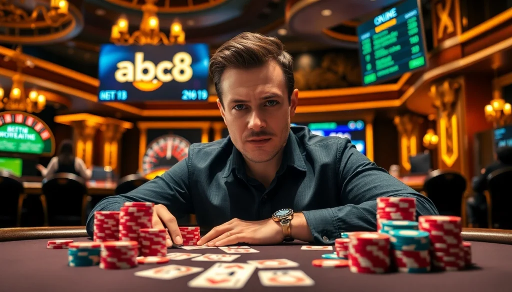 Experience thrilling moments with abc8 at a vibrant poker table surrounded by expert gamblers and colorful chips.
