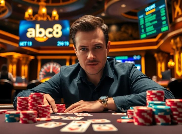 Experience thrilling moments with abc8 at a vibrant poker table surrounded by expert gamblers and colorful chips.