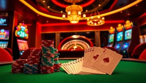 E2bet gamblers celebrating a win at a vibrant casino table with poker chips and cards.