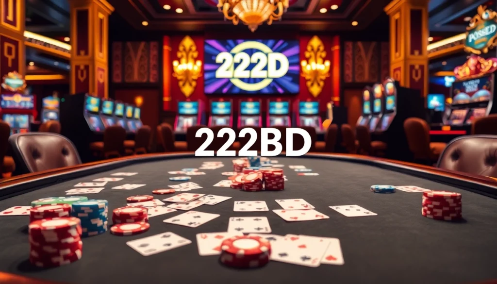 Experience the thrill of 222BD casino gaming with vibrant tables, cards, and luxurious atmosphere.