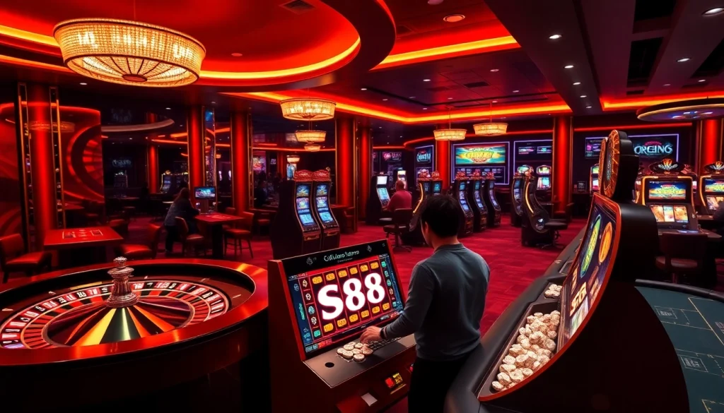S88-themed slot machine in an elegant casino showcasing vibrant gaming excitement.