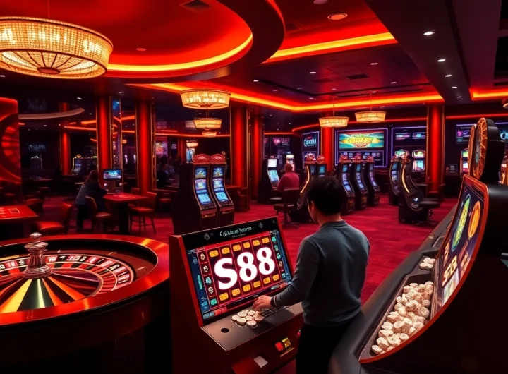 S88-themed slot machine in an elegant casino showcasing vibrant gaming excitement.