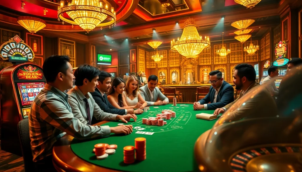 Join the excitement at FLY88.DEAL with players enjoying high-stakes poker in a luxurious casino atmosphere.