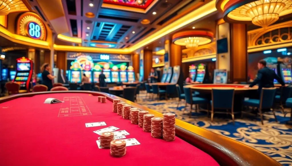 Intense gambling action at a luxurious casino featuring 88i poker tables and slot machines.