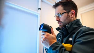 Power flush service in action, featuring a technician using advanced leak detection equipment.