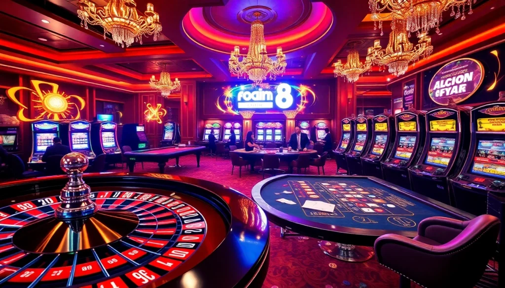 Experience the thrill of gambling with good88, featuring poker tables and vibrant casino machines.