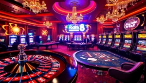Experience the thrill of gambling with good88, featuring poker tables and vibrant casino machines.