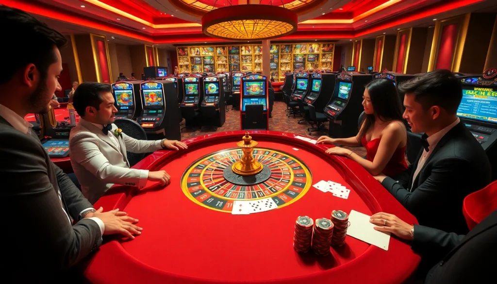 Engaging players strategize and play at Luck8's vibrant roulette table within a luxurious casino.