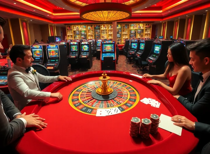 Engaging players strategize and play at Luck8's vibrant roulette table within a luxurious casino.